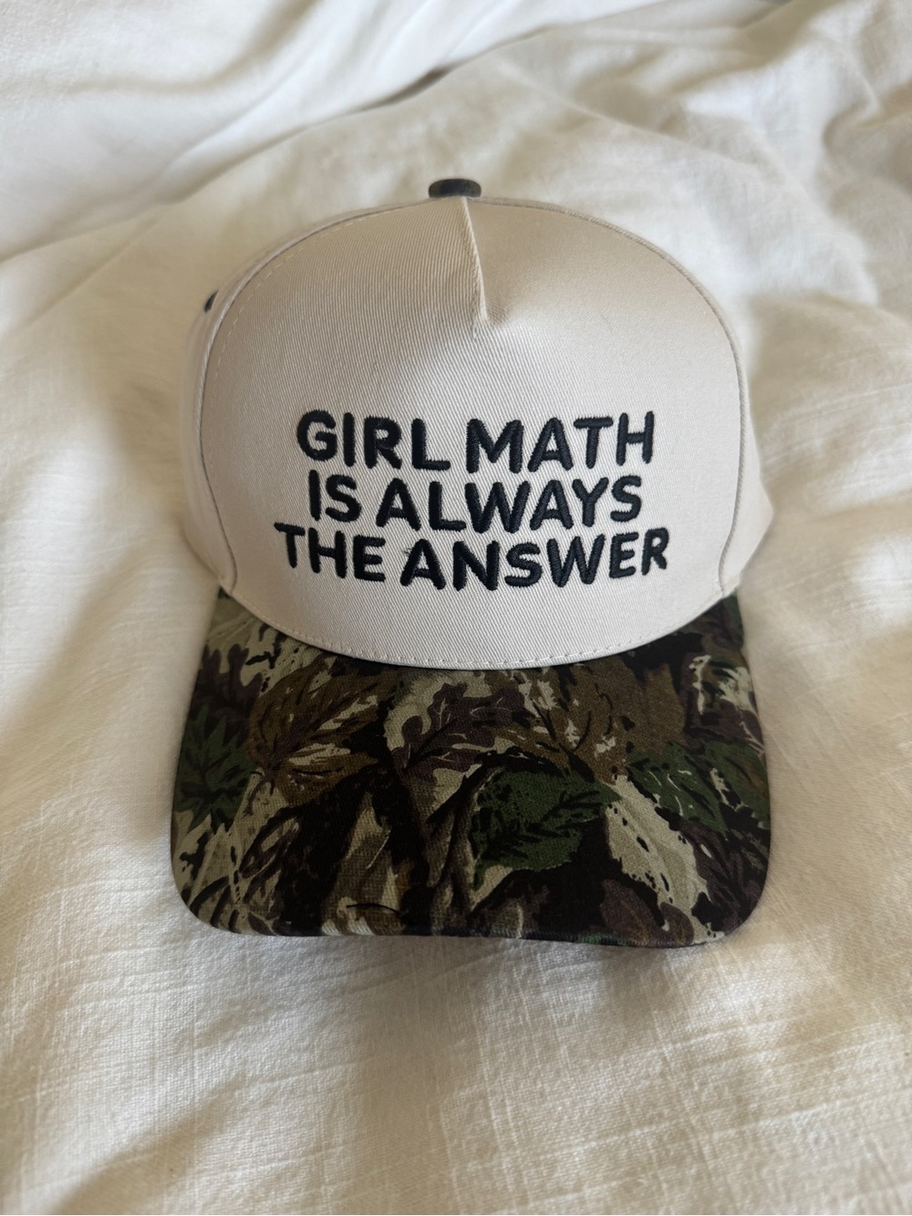 “girl math is always the answer” graphic camo cap NWOT
